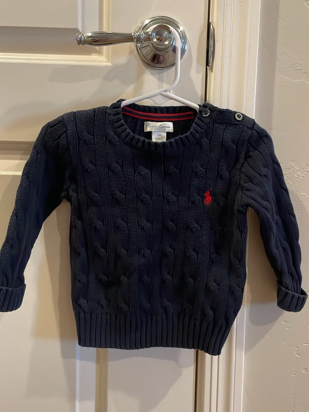 Ralph Lauren Navy Cable Knit Sweater with Red Trim